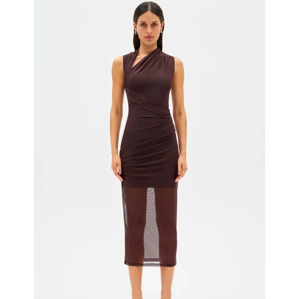 MISHA COLLECTION Brown Sleeveless Midi Dress with Sheer Panel